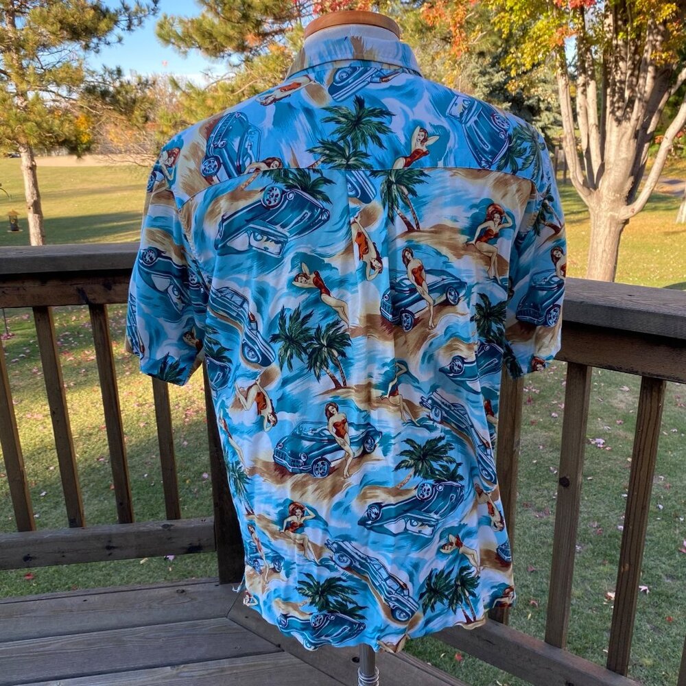 Marc Edwards Men’s Hawaiian Camp Shirt size XL Cars Convertible Pin Up Girl - Picture 5 of 14